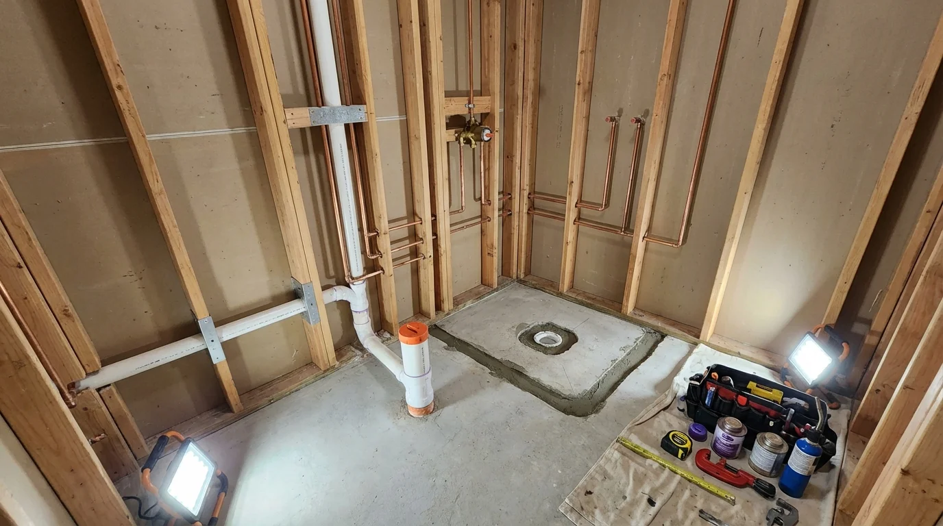 Bathroom rough-in plumbing during remodel by Johns Plumbing LLC in Gothenburg