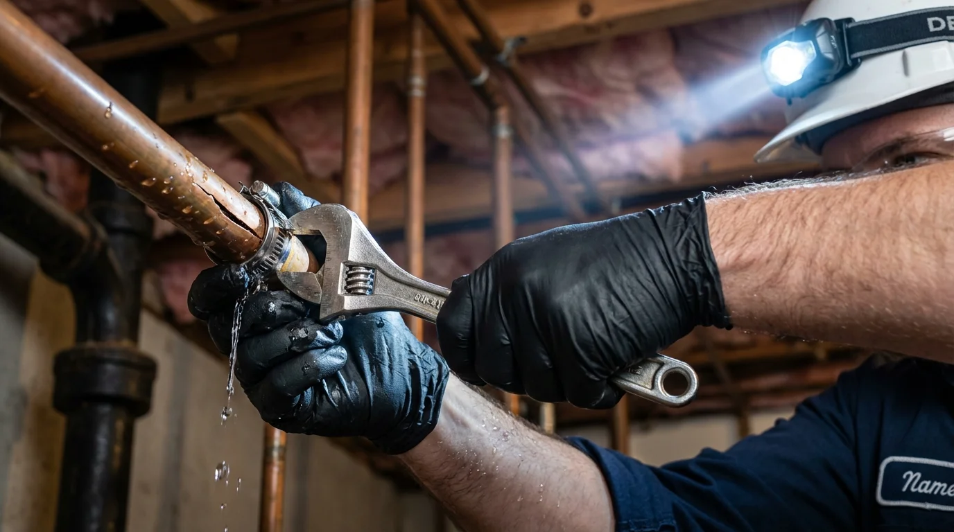 Emergency pipe clamp repair being performed by a Johns Plumbing LLC plumber in Gothenburg
