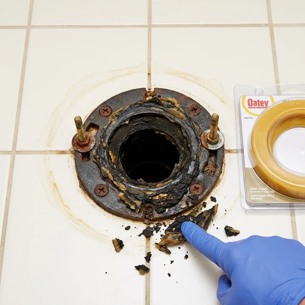 Failed wax ring showing water seepage at the base of a toilet in a Gothenburg, NE home
