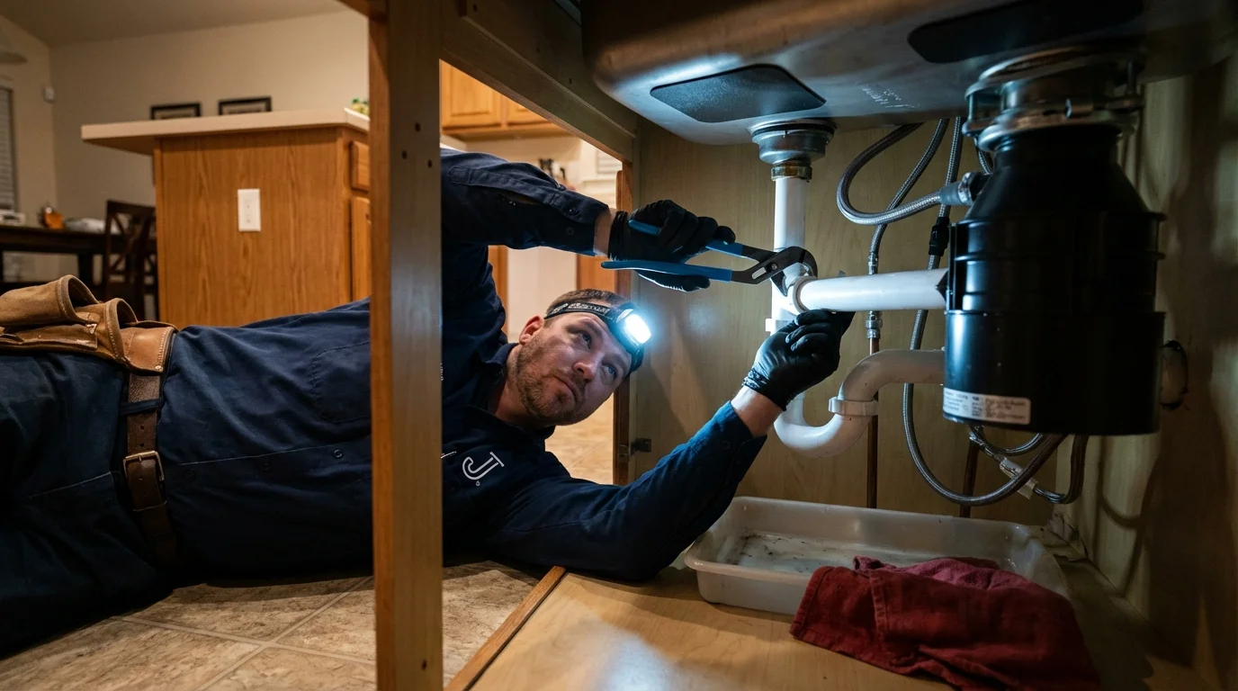 P-trap and supply line connections under a kitchen sink showing a common leak point in Gothenburg, NE